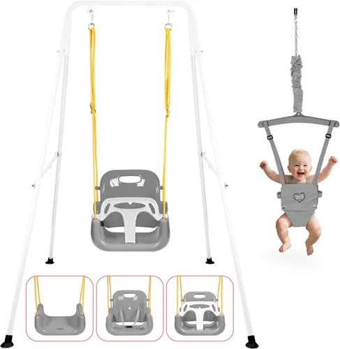 Miniatura 10 de Juego de columpio 4 en 1 para niños pequeños y jersey para bebé, columpio resistente para niños con rebotador, soporte plegable de metal