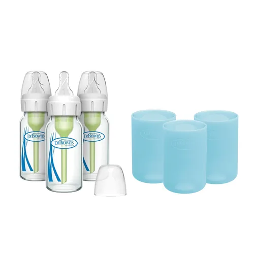Dr. Brown's Anti-Colic Options+ - Biberones de vidrio estrecho de 4 onzas, con boquilla de flujo lento de nivel 1, paquete de 3 0.0 ft+ con fundas