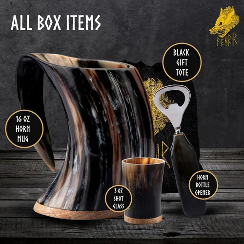 Miniatura 2 de FENRIR Taza de cuerno vikingo de 16 onzas con vaso de chupito, regalos vikingos para hombres y mujeres, abridor de botellas, jarra de cuerno de buey