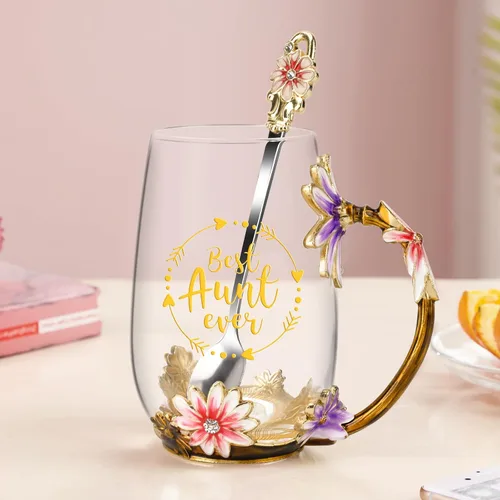 Miniatura 7 de OEAGO Regalos para tía de sobrina y sobrino Taza de té Regalo genial de cumpleaños Esmalte Flores Vasos de vidrio Tazas de Navidad Día de las Madres