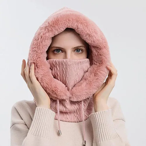 Miniatura 4 de Gorro de vellón para mujer de una pieza con capucha pasamontañas cálido invierno resistente al viento con cordón