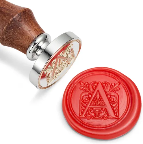 Miniatura 5 de Sello de cera Mceal, sello grande 1 1/5"(30mm) de diámetro, cabeza de latón plateado con mango de madera, serie de letras A a Z de estilo regio