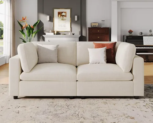 Miniatura 35 de VANOMi Sofá modular, cómodo sofá con marco de madera maciza de 3 asientos, sofá moderno certificado FSC para sala de estar, beige