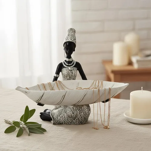 Miniatura 2 de Lescafita Escultura Africana Hecha a Mano de Mujer Sentada - Figura Tribal Dorada Sosteniendo Canasta, Decoración del Hogar de Resina