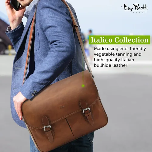 Miniatura 3 de Tony Perotti Lorenzo - Bolsa de cuero italiano para laptop de 14.5 pulgadas para hombre, maletín de cuero para computadora, bolsa de mensajero