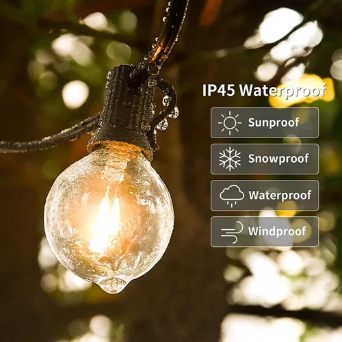 Miniatura 5 de Tira de luces para exteriores, 50 pies con 27 bombillas LED G40 regulables, inastillables, transparentes, aprobación UL, impermeable, 1 W, 2700 K