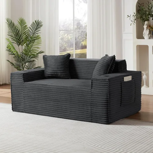 Miniatura 19 de Sofá sin hueso de 66.5 pulgadas con portavasos y bolsillos laterales, sofá biplaza tapizado de tela de pana moderna con 2 almohadas para sala