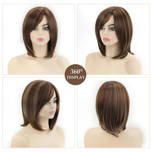 Miniatura 4 de SEVENCOLORS Pelucas cortas de cabello sintético con flequillo lateral y rubio mezclado para mujeres blancas, longitud al hombro, pelucas de cabello