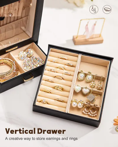Miniatura 6 de Homde Organizador de joyas para niñas y mujeres, joyero para collares, anillos, aretes, regalo y pulseras (negro + dorado)