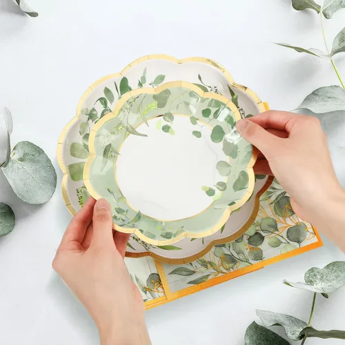 Miniatura 6 de Tanlade 96 unidades de platos y servilletas para fiestas temáticas de eucalipto verde salvia, sirven 24, platos llanos desechables de papel