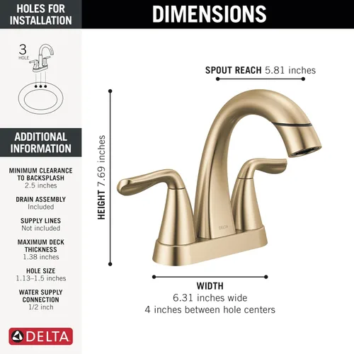 Miniatura 6 de Delta Arvo - Grifo central de baño extraíble, grifo dorado para lavabo de baño, grifo de baño con rociador extraíble, grifo de baño de 3 agujeros