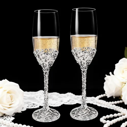 Miniatura 10 de Copas de champán - Juego de 2 pares de flautas de champán con base de metal de cristal y piedras de cristal, para brindis, aniversarios, bodas, Oro