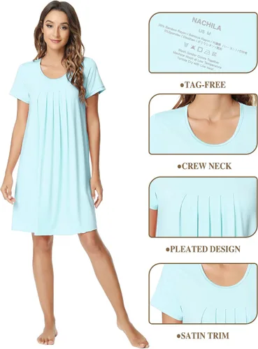 Miniatura 4 de NACHILA Camisón de bambú para mujer, suave, de manga corta, plisado, cuello redondo, cómodo, para dormir, S-XXG, L