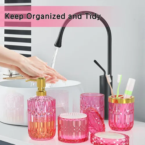 Miniatura 4 de Juego de accesorios de baño rosa intenso de vidrio 5 piezas, juego de baño rosa intenso, juego de dispensador de jabón y soporte para cepillo
