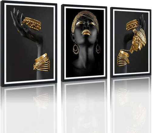 Miniatura 48 de MAMAGO Lienzo decorativo para pared, pintura de belleza dorada y negra, fotos de mujeres africanas, hermosos pósteres de mujer negra, impresiones
