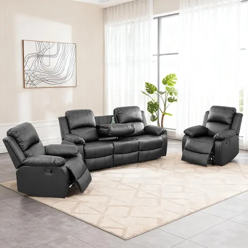 Miniatura 20 de Juego de sofá modular reclinable manual para sala de estar, sofá reclinable en forma de L, seccional de cuero con portavasos/almacenamiento