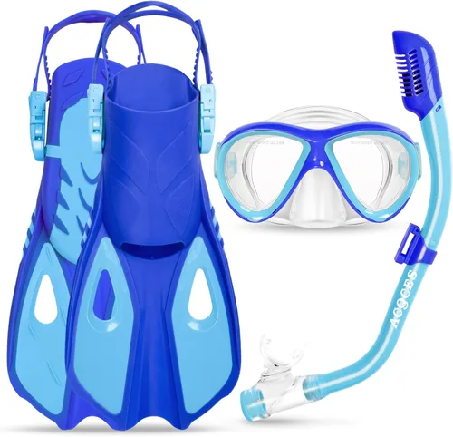 Miniatura 10 de Snorkeling Gear for Kids Ages 5-15, 4 in 1 Mask Fins Snorkel Set with HD Tempered Glass Panoramic View Anti-Fog Mask, Dry Top Snorkel, Adjustable