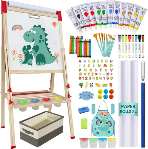 Caballete para niños, caballete de arte de madera ajustable para niños, más de 114 suministros de arte, pizarra magnética de doble cara y pizarra