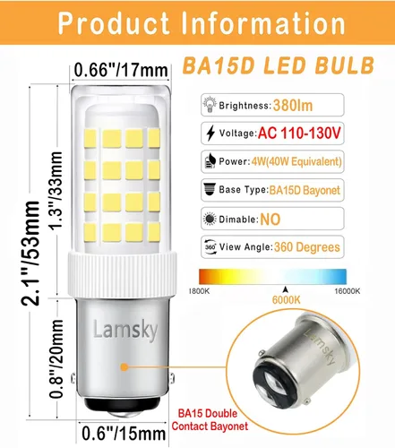 Miniatura 2 de BA15D - Bombilla LED de doble contacto para máquina de coser con base de bayoneta AC110-130V, T3/T4/C7/S6, luz diurna de 4 W, 6000 K, bombilla