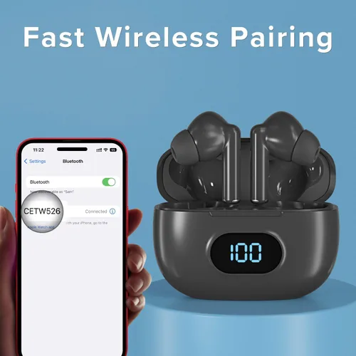 Miniatura 7 de Coby Auriculares inalámbricos con estuche de carga de lectura de batería LCD, mini auriculares intrauditivos Bluetooth con micrófono integrado, Negro