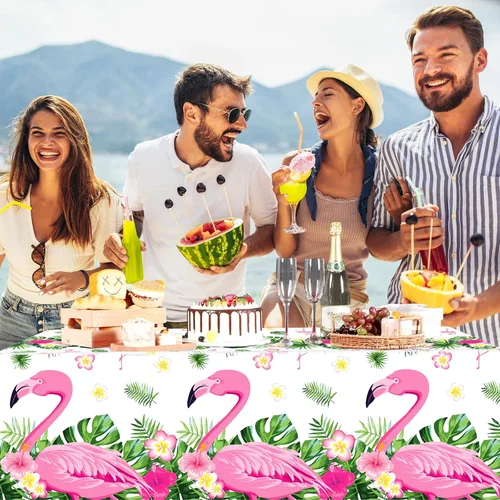 Miniatura 6 de Preboun 3 manteles de verano con diseño de flamenco para fiestas, mantel de plástico tropical hawaiano, 54 x 108 pulgadas, decoración de mesa rosa