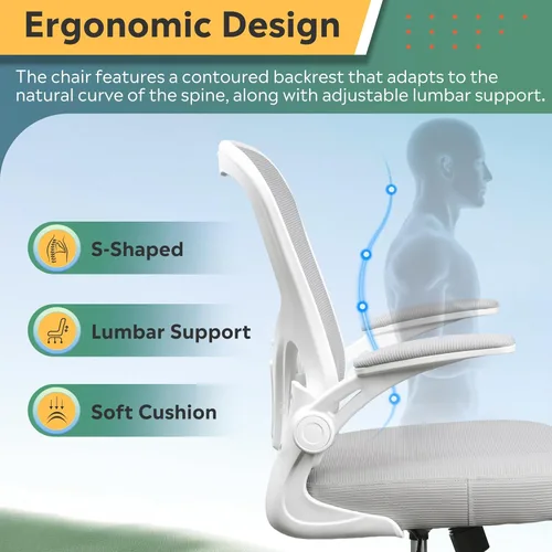 Miniatura 5 de DEVAISE Silla de oficina ergonómica para computadora con reposabrazos abatibles, cómoda malla con soporte lumbar ajustable, color blanco