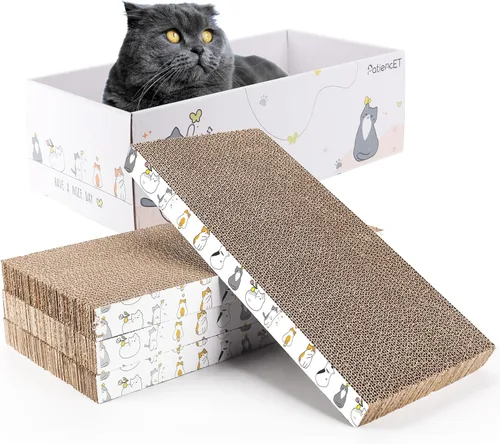 PatiencET Paquete de 4 almohadillas para arañazos para gatos con caja, rascador de cartón para gatos de interior, rascador reversible con caja de