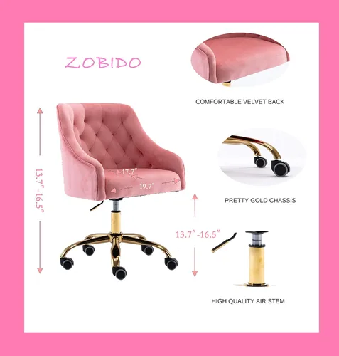 Miniatura 3 de Silla de Trabajo Cómoda para Oficina en Casa con Ruedas, Bonita y Moderna Tapizada de Terciopelo con Respaldo de Concha Marina Ajustable Giratoria