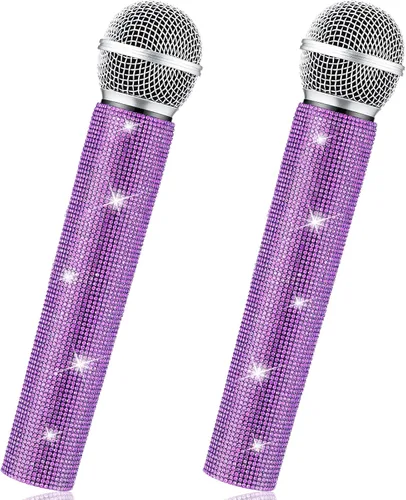 Threan 2 piezas de micrófono falso de juguete de Navidad con purpurina brillante y diamantes de imitación de plástico para juego de micrófono,