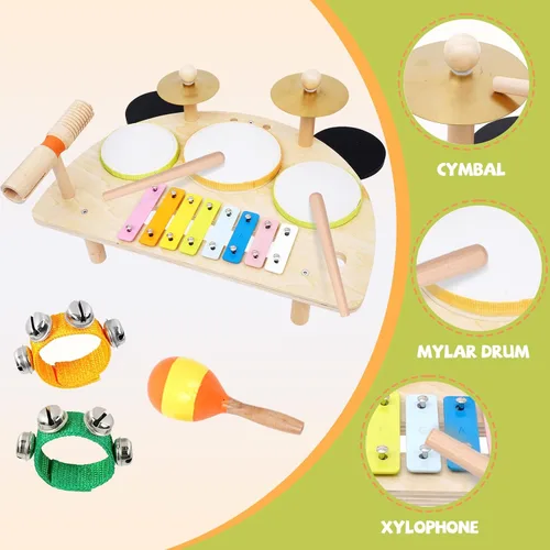 Miniatura 2 de Juego de batería para niños, instrumentos musicales Montessori para niños pequeños de 1 a 6 años, juguetes de madera, mesa de música Montessori, kit