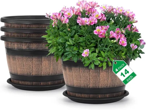 Miniatura 10 de Quarut Macetas de barril marrón de 6 pulgadas con agujeros de drenaje y platillo, juego de 4, plantas para interiores y exteriores para el hogar