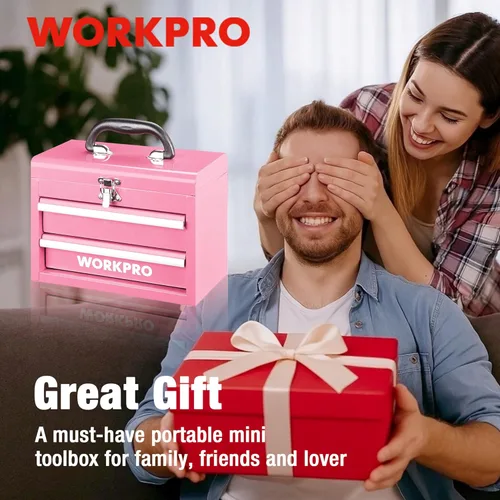 Miniatura 9 de WORKPRO Mini caja de herramientas portátil, caja de herramientas de metal con 2 cajones con deslizadores de rodamientos de bolas, almacenamiento Rosa