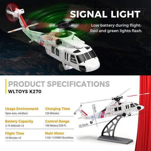 Miniatura 6 de CKYSCHN UH60L Black Hawk Helicóptero RC sin escobillas 4CH, WLtoys K270 Helicóptero de control remoto con posicionamiento de flujo óptico