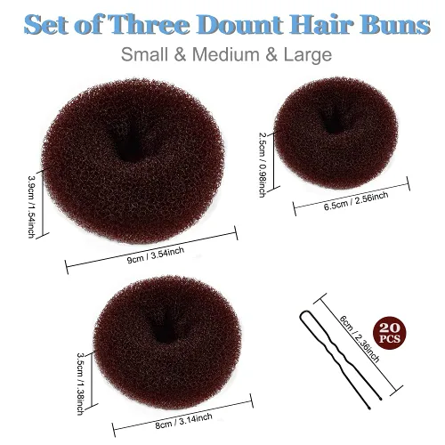 Miniatura 2 de TsMADDTs Máquina para hacer moños de pelo en forma de dona, 3 piezas, color marrón oscuro, estilo anillo, con 20 horquillas en forma de U para bailar