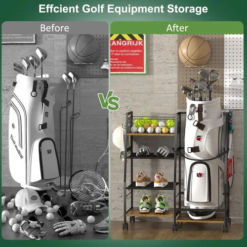 Miniatura 3 de DAOUTIME Estante de Almacenamiento para Bolsa de Golf de Garaje con Ruedas, Organizador para Bolsa de Golf Individual y Accesorios de Equipo, Ideal