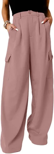 Dokotoo Pantalones cargo de cintura alta y pierna ancha para mujer, holgados, informales, modernos, con 4 bolsillos