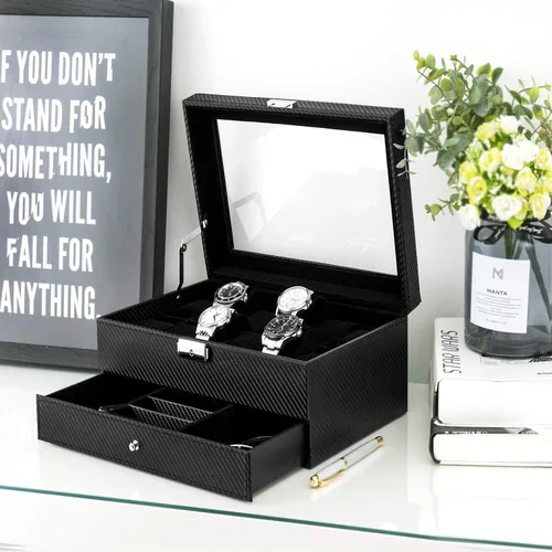Miniatura 4 de Oyydecor Caja de reloj con 12 ranuras, organizador de relojes, organizador de joyas con cajón de joyería para almacenamiento y exhibición