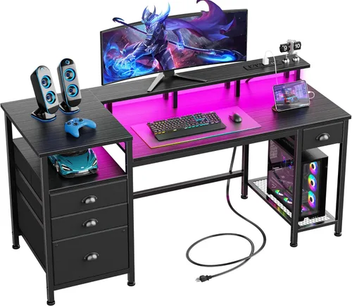 Miniatura 10 de Furologee Escritorio para juegos de 52 pulgadas con luces LED y tomas de corriente, escritorio reversible para computadora con 4 cajones, archivador