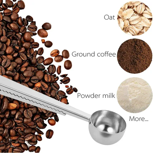 Miniatura 5 de Paquete de 2 cucharas de café, cucharas medidoras de acero inoxidable, con clip para bolsa de café, adecuadas para café molido, granos de espresso