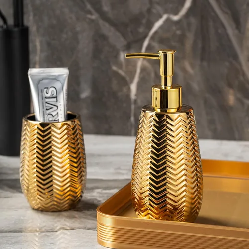 Miniatura 5 de Accesorios de baño dorados 3 piezas de accesorios de baño elegantes, dispensador de jabón dorado, bomba dispensadora de jabón, vaso y jabonera