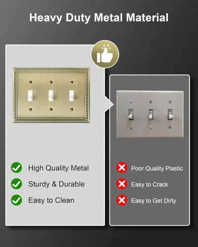 Miniatura 4 de Paquete de 2 placas de triple interruptor de luz de palanca, cubiertas decorativas de perlas, placa de pared de metal de 3 segmentos de latón Latón