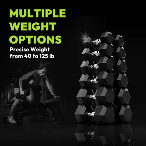 Miniatura 8 de HANDBODE Juego de mancuernas hexagonales de 40 a 570 libras, mancuernas de ejercicio y fitness con revestimiento de goma, peso de mano