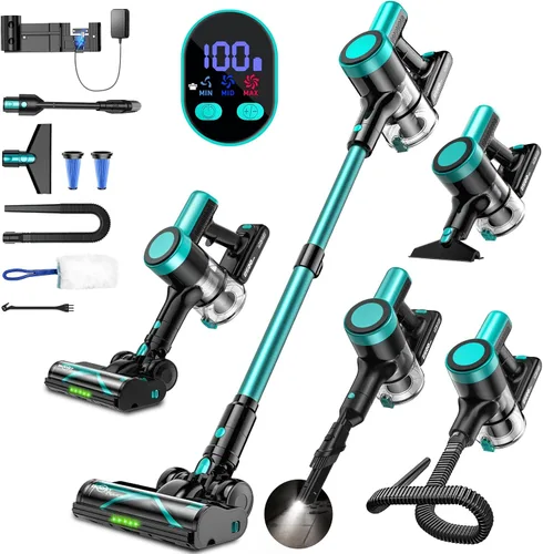 Aspiradora inalámbrica, aspiradora 10 en 1 de 58 Kpa para el hogar, aspiradora de palo de 55 minutos con autopie y pantalla LED, antienredos y carga