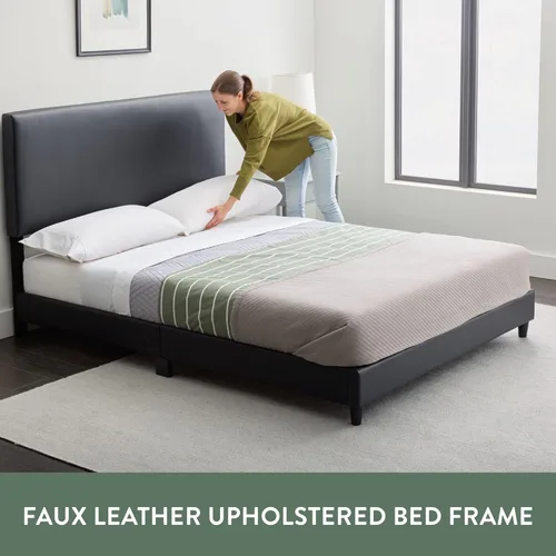 Miniatura 5 de Edenbrook Cama de plataforma con cabecero, no necesita somier, base de cama tapizada de piel sintética, perfil bajo, fácil montaje, color negro