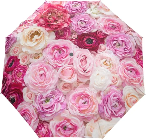 Paraguas plegable auto abierto compacto sol lluvia paraguas rosa flores rosa para mujeres hombres niños viaje sombrilla sol protección UV viento