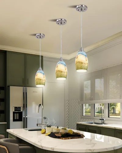 Miniatura 43 de karyfine Mini lámparas colgantes de vidrio artístico para isla de cocina, hechas a mano en color teja con vidrio dorado, iluminación colgante