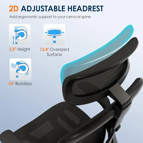 Miniatura 7 de GABRYLLY Silla de oficina ergonómica de malla, silla de escritorio ajustable para el hogar con reposabrazos plegable, reposacabezas 2D, asiento Negro