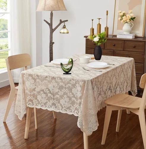 Miniatura 13 de ASATEX Mantel redondo de encaje de lino dorado de 48 pulgadas. El patrón floral clásico y elegante es la elección ideal para cualquier comedor