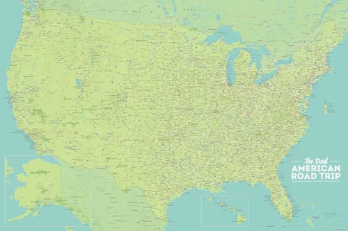 Best Maps Ever Póster de trazado de carreteras y viajes de Estados Unidos, 24 x 36 pulgadas, verde y aguamarina