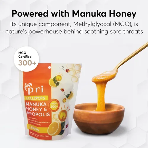 Miniatura 3 de P.R.I Paletas de miel de Manuka con propóleo, certificado MGO 300+ - Calmante para la garganta, sabor a limón, (24 paletas, 5.46 onzas)